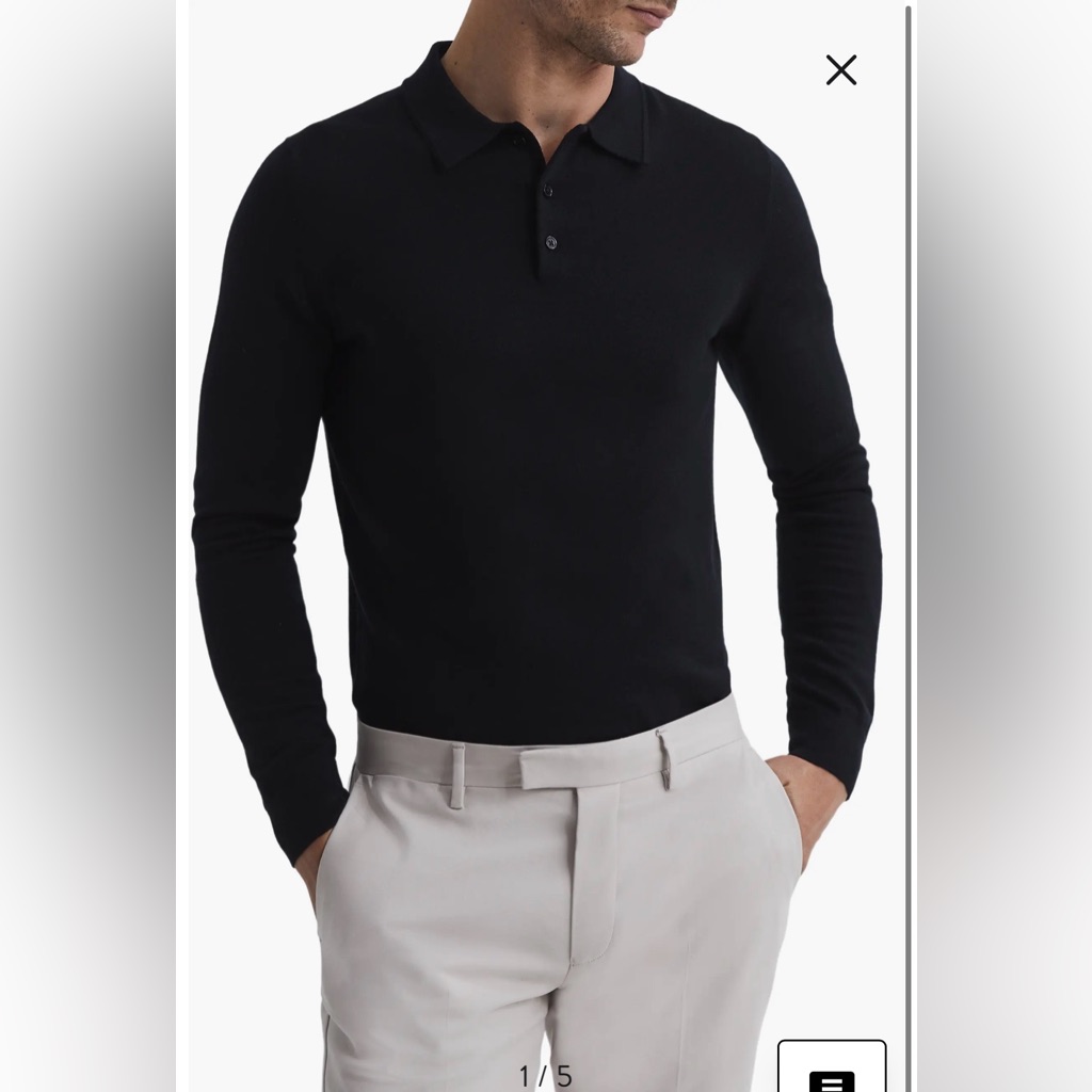 Nwt- Reiss Trafford Merino Wool Long-Sleeve Polo Shirt, Black, Xl